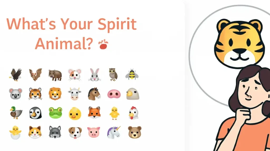 Illustration of a What Animal Am I quiz with a cartoon woman imagining a tiger face, surrounded by various animal emojis like fox, owl, unicorn, lion, and penguin on a playful quiz interface.